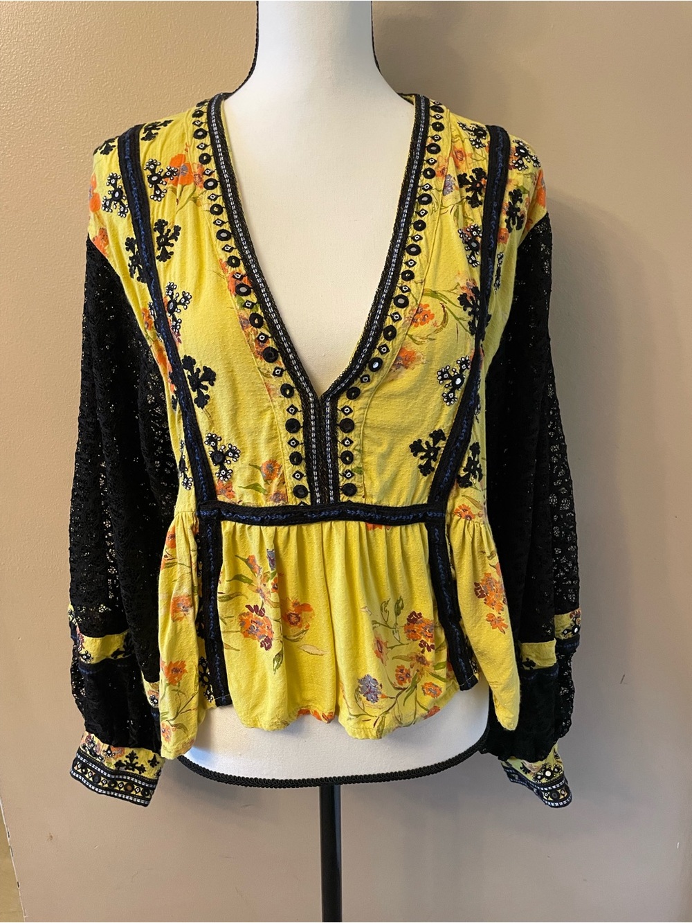 Free People Yellow Floral V-Neck Peplum Blouse with Black Lace Sleeves
